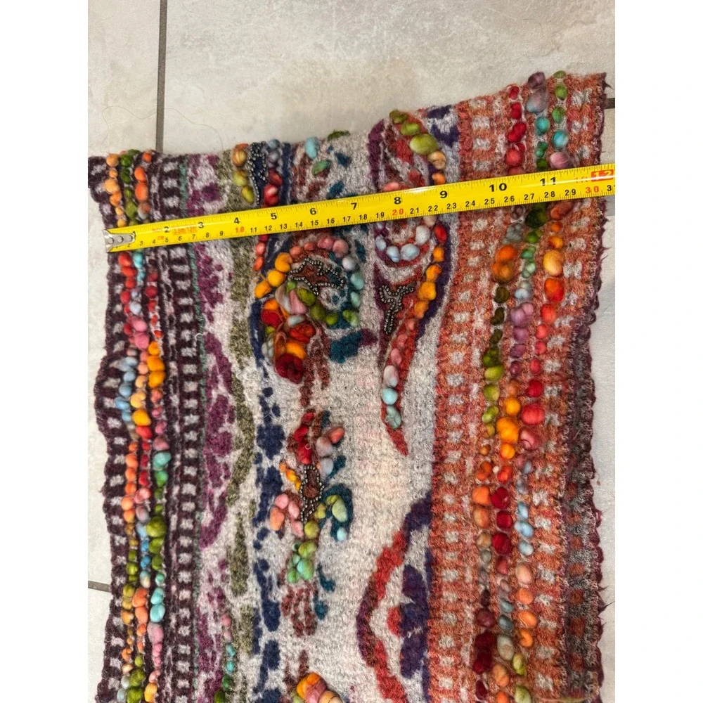 Anthropologie Wool Multi-Color Beaded Pom Pom Scarf Wrap boho art statement